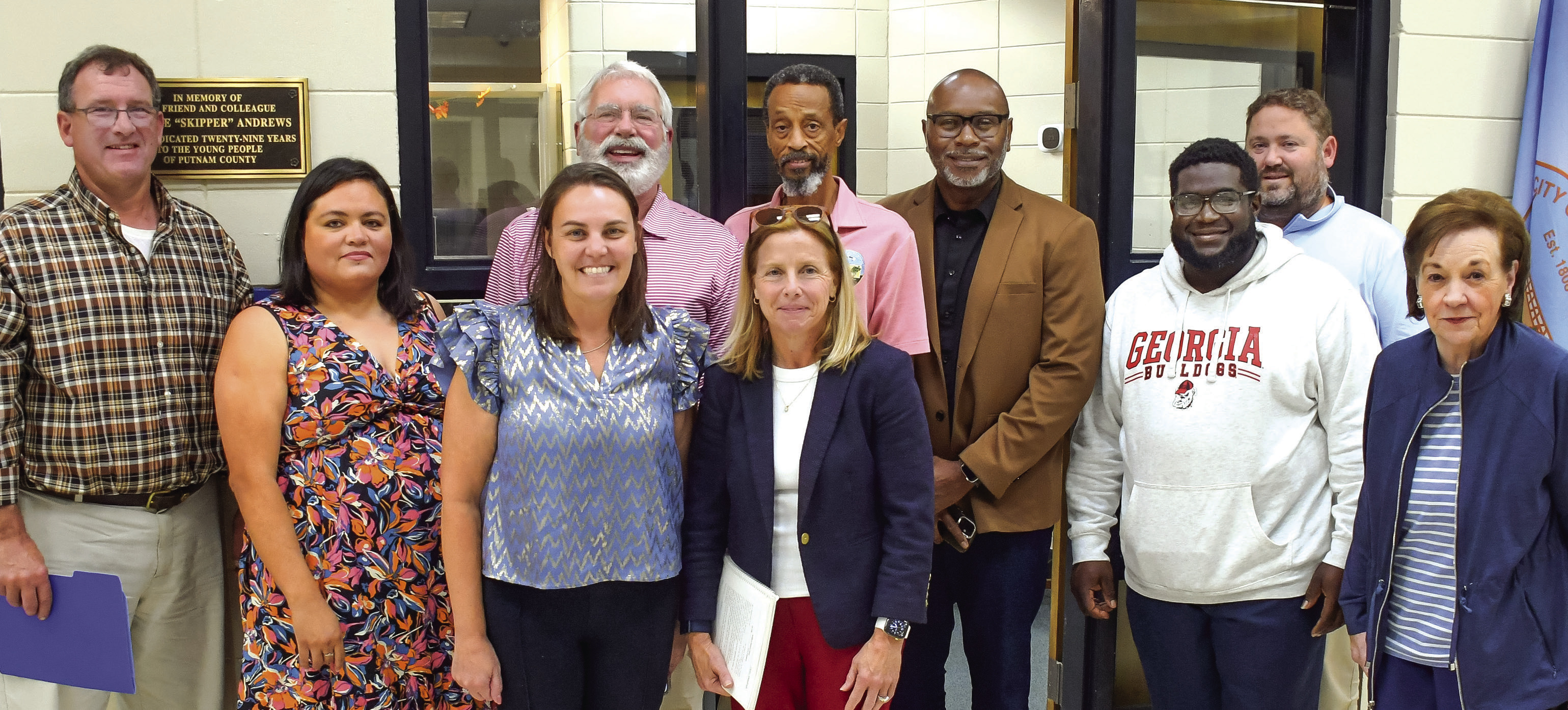 L-R: City Attorney Chris Huskins, City Clerk Maria Jiminez, Wards 1&amp;4 Councilor Marie Rainey, Mayor Pro-Tem Chip Walker, Ward 4 Councilor Teresa Doster, Ward 2 Councilor James Gorley, Wards 2&amp;3 Councilor Michael Smith, Ward 3 Councilor Fred Lowe, City Administrator Gary Sanders, and Ward 1 Councilor Mylle Mangum had the honor of holding the first official meeting in Eatonton’s new city hall last Tuesday evening. IAN TOCHER/Staff