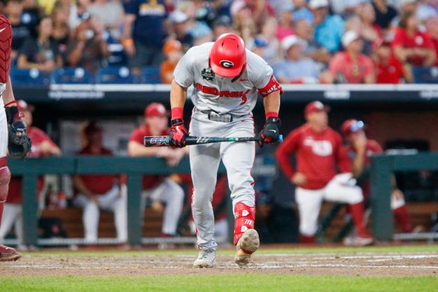 Georgia catcher Daniel Jackson stood in disbelief as he walked out of the batter’s box after flying out for the final out of the Bulldogs’ 4-3 loss to Oklahoma. LANCE McCURLEY/Staff