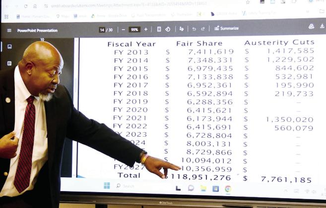 Putnam County Schools Superintendent Derick Austin points to the everrising contribution the local school board has to contribute toward statefunded education costs. IAN TOCHER/Staff