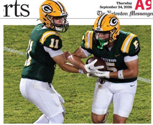 Freshman quarterback Bennett Haley (11) completes a first-quarter handoff to his brother, Brady, last Friday night in Gatewood’s 30-6 win over the visiting Riverside Military Academy Eagles.