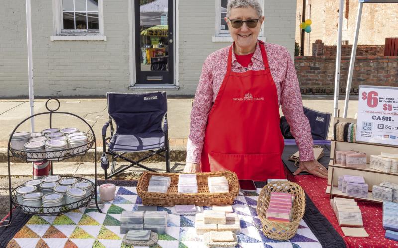 Debra Lee Swain, owner of Swainson Soaps, with some of her natural and sustainable plant-based oil soaps and lotions. LEIGH LOFGREN/Staff