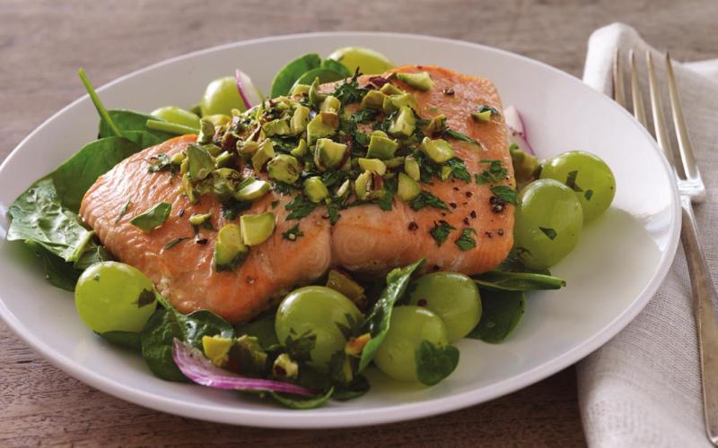 Roasted Salmon and Grapes with Pistachios Over Fresh Greens