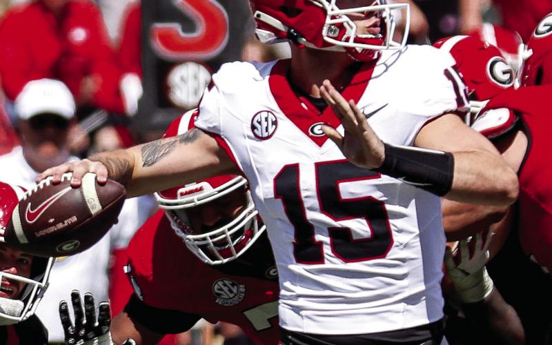 Carson Beck (15) during Georgia Football’s G-Day game at Sanford Stadium April 13. Madison Keel/UGAAA