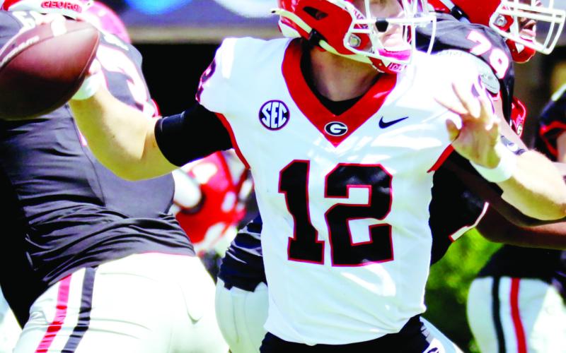 Ryan Puglisi attempted a combined 49 passes during Saturday’s G-Day scrimmage. BRAD HARRISON/Staff