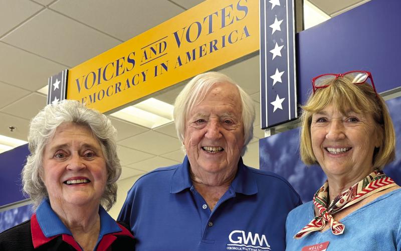Nancy Bell, Chip Bell, and Lyn Romine played major roles in bringing The Smithsonian Institution’s “Voices &amp;amp; Votes: Democracy in America” traveling exhibit to Eatonton. They recently led docent training for the event, too. IAN TOCHER/Staff