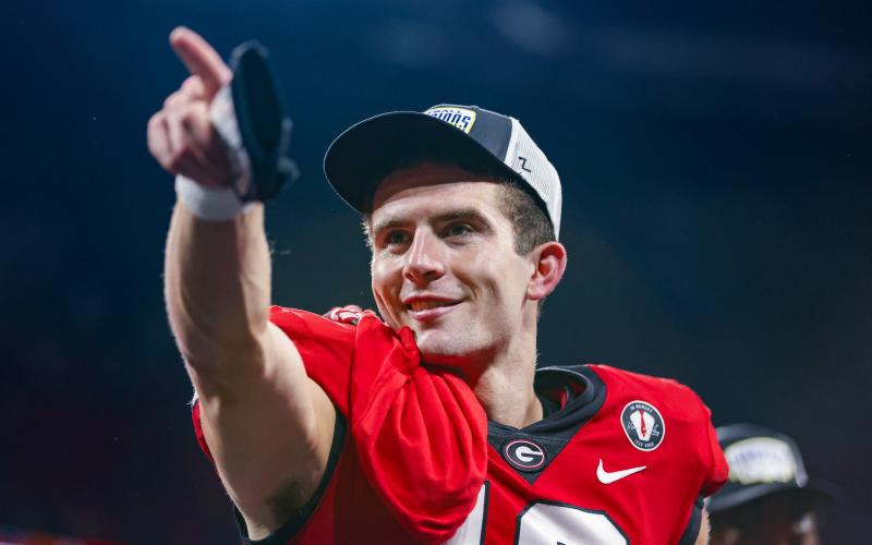 Georgia quarterback Stetson Bennett (13) after Georgia’s win in the 2022 SEC Championship Game at Mercedes-Benz Stadium in Atlanta, Ga., on Saturday, Dec. 3, 2022. (Photo by Tony Walsh)