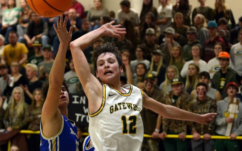 Gatewood freshman Matt Allen (12) swats away a Brentwood guard's layup last Friday.