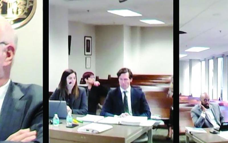 Savannah Court license revocation hearings last week. Judge Charles Beaudrot (bottom left) listens to testimony via Zoom. Attorneys for Savannah Court (middle) question a witness while lawyers for the Department of Community Health (right) listen.