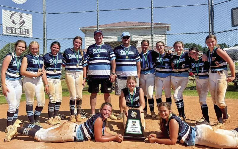 The 2025 GRPA 14U Girls Fastpitch Softball Class C State Champions include (back, l-r) Abigail Roberts, Maddie Tintle, Gracynn Rios, Colbie Stolley, Coaches Bryan Arthur and Chris Huskins, Mea Thrift, Gracie Lowery, Abby Mashburn, Layla Moore, and Kaylee Collis; and (front, l-r) Lily Arthur, Sylvie Huskins, and Alexis Thrift. CONTRIBUTED
