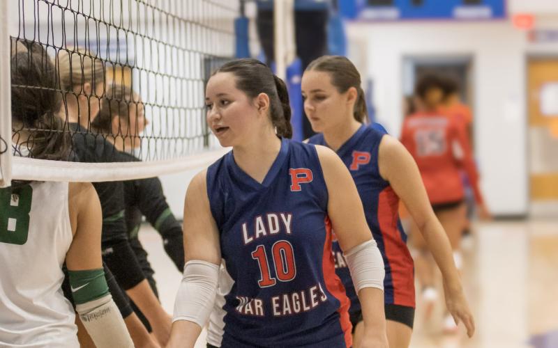 Putnam County senior Luisana Araque shakes hands with players from North Hall after a loss to the Lady Trojans on Sept. 25. SKYLA MORRIS/Staff