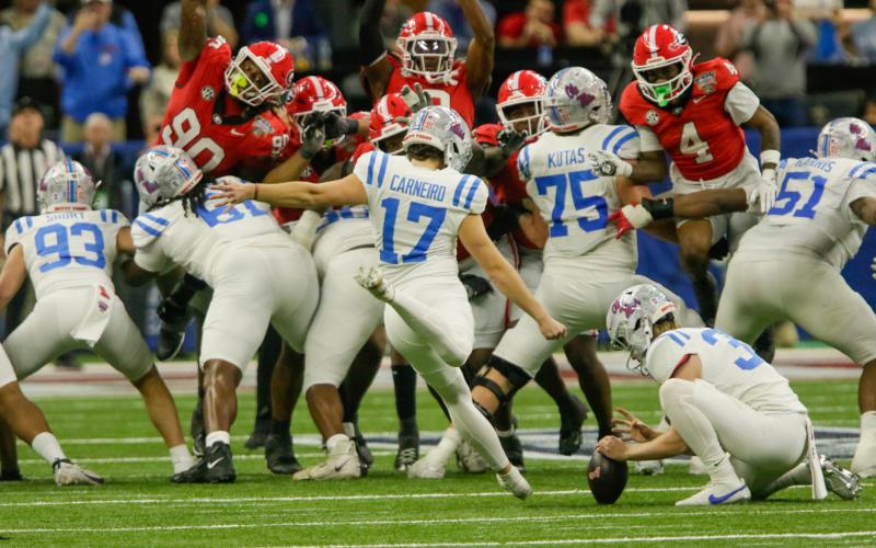 Ole Miss kicker Lucas Carneiro connected on a 47-yard field goal to help seal the game for the Rebels. LANCE MCCURLEY/Staff