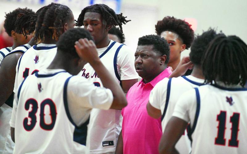 Putnam County coach Patrick Marshall talks with his team during a timeout in a game against Lamar County on Jan. 28. IAN TOCHER/Staff