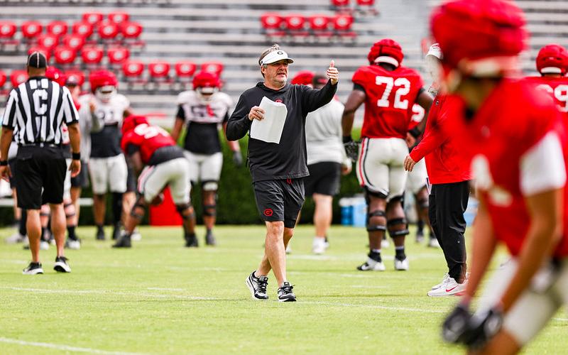 Georgia head coach Kirby Smart directs practice at Sanford Stadium before the team’s first spring scrimmage on April 4. TONY WALSH/UGA Athletics