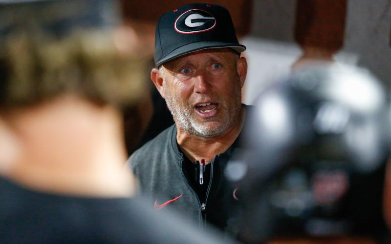 Georgia head coach Wes Johnson addresses his team following the Bulldogs’ loss to Oklahoma. LANCE McCURLEY/Staff