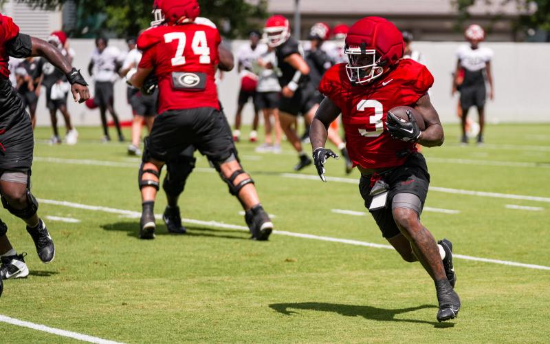 Georgia running back Nate Frazier (3) during Georgia’s practice session in Athens, Ga., on Friday, Aug. 7, 2026. (Tony Walsh/UGAAA)