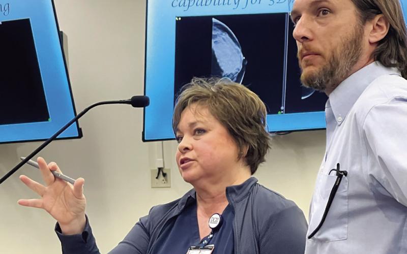 Putnam General Hospital Chief Nursing Officer Pam Douglas with Chief of Staff Dr. Dan Bennett addressed Putnam County commissioners last week. IAN TOCHER/Staff