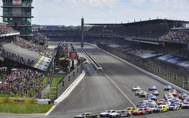 Tyler Reddick, driver of the #8 3CHI Chevrolet, leads the field during the Cup Series Verizon 200 at the Brickyard at Indianapolis Motor Speedway Sunday. (Logan Riely/Getty Images)