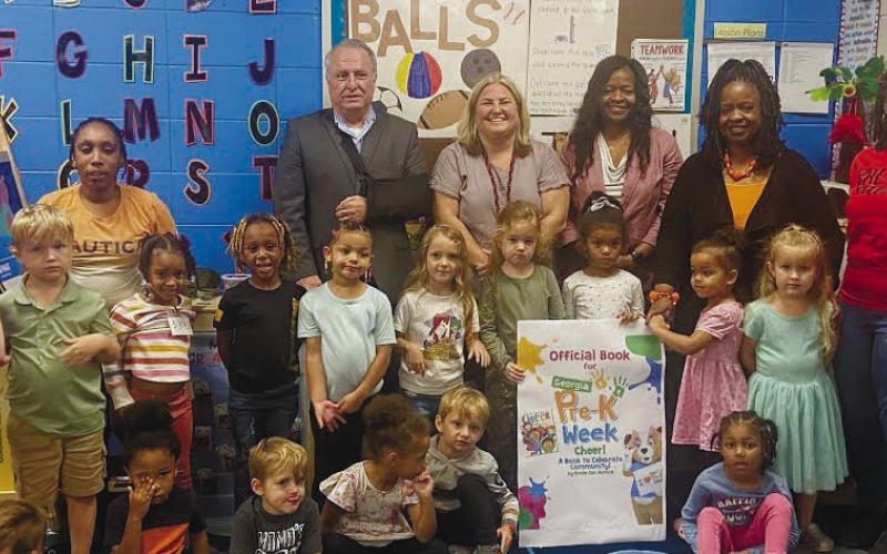 Mrs. Jennifer Mitchell’s PreK class was visited by (l-r): Putnam County Board of Education Superintendent Eric Arena, Assistant Principal Whitney Smith, Principal Fanica Rogers and Program Director Christel Nelson. CONTRIBUTED