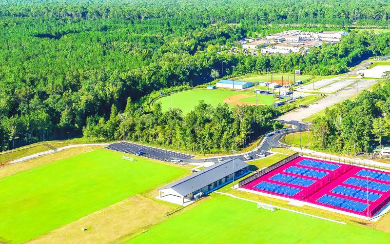 The new Putnam High Athletic Center features multipurpose playing fields, pro-level tennis courts, and a special-purpose pole barn and pasture (not shown) for the school’s agriculture and farming students. CONTRIBUTED