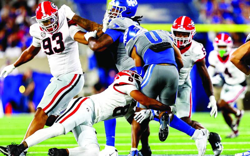 The defense kept Georgia in the game despite being short-handed. Tyrion Ingram-Dawkins (93) recorded two tackles for loss and a sack. oenel Aguero (8) recorded three solo tackles. CONOR DILLON/UGAAA