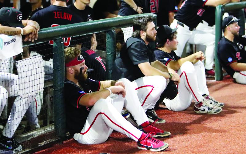 Georgia baseball players sit and watch as N.C. State players celebrate after winning 8-5 on Monday night to advance. LANCE McCURLEY/Staff