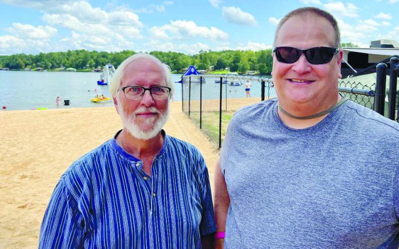 Roger Vining (left) of Eatonton’s Rising Star Lodge #4 and Director of Home Life Chris Babcock for the Masonic Home of Georgia. IAN TOCHER/Staff