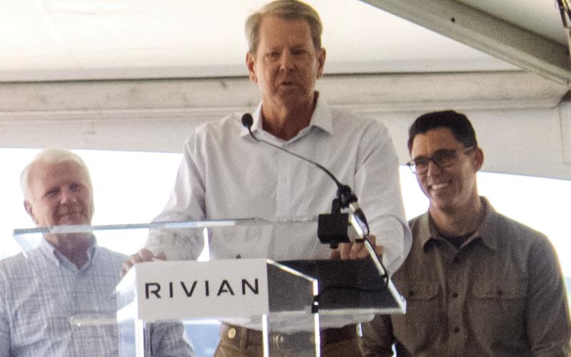 Georgia Gov. Brian Kemp addresses Rivian’s production plans at the Sept. 16 groundbreaking ceremony. SKYLA MORRIS/Staff