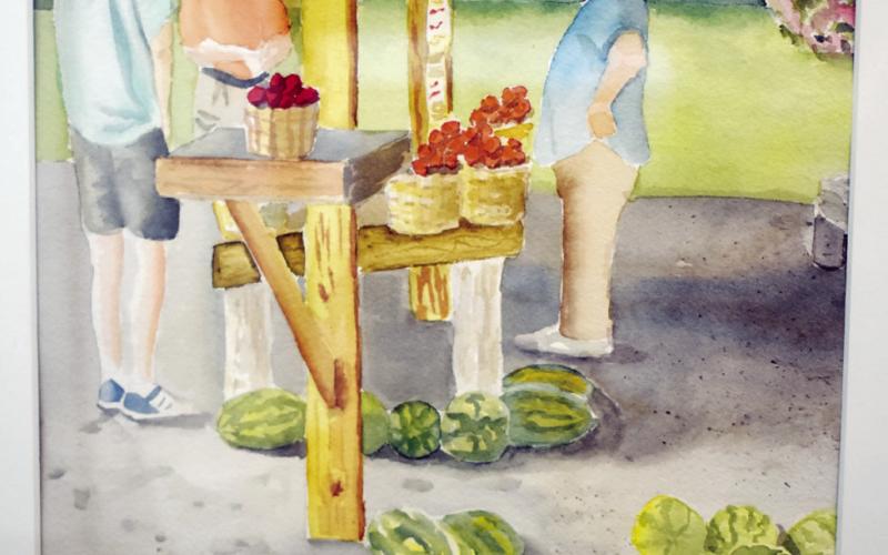Audrey Crumbly won first place in the Plein Air event with her painting depicting a farmers market. CONTRIBUTED