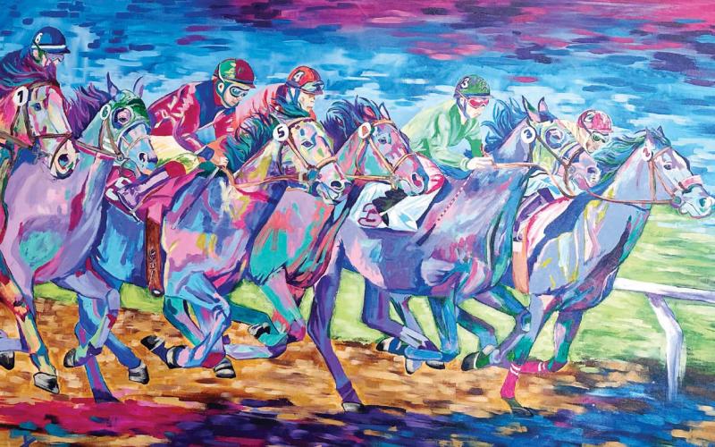 A large piece depicting multiple riders racing on the backside of their horses toward the finish line.