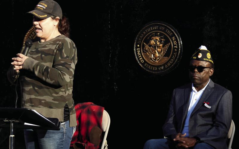 Eatonton VFW Thrift Store manager Nikki Barker and Rev. Sidney Jackson, a Vietnam Marine Purple Heart recipient, were the only speakers at the brief 9/11 event. IAN TOCHER/Staff