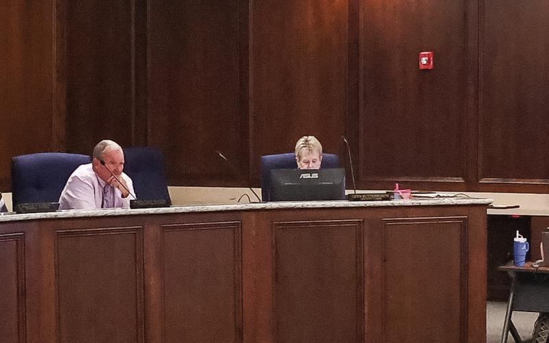 Eatonton City Councilmember Janie Reid (right) addressed the Putnam County Commission last Friday, praising the efforts of Beyond the Bell Executive Director Sandra Dean to establish educational programs for kids at Jimmy Davis Park. IAN TOCHER/Staff
