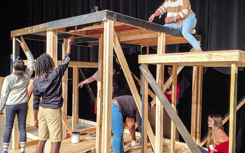 Putnam County High School students work on set pieces in the school’s Black Box Theatre. Several students will be exposed to potential vocational careers in the arts and entertainment industries through a joint program with Atlanta’s famous Fox Theatre this school year. CONTRIBUTED