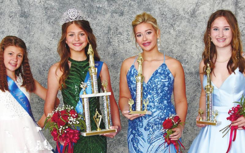 Sixth through eighth grade Junior Miss court (L-R); Miss Congeniality, Kennedy Borders; 2022 Junior Miss Queen, Braylee Atkinson; Second runner up, Emma Grace Jones; First runner up, Addie Grace Usry MARK TURNER/Contributed
