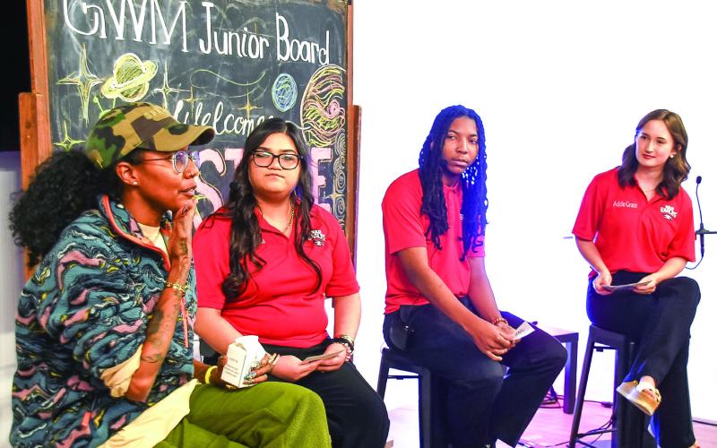 Author Nic Stone (left) began by answering questions in a moderated forum led by PCHS students (l-r) Shayla Carrasco-Pelayo, Larry Richardson, and Addie Grace Usry. IAN TOCHER/Staff