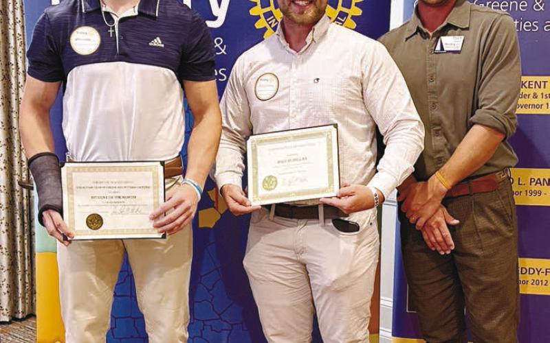 Gatewood High School’s Rotary Student of the Month Evan Bennett and his chosen teacher John McMillan pose with Rotarian Dr. Tyler Franks. CONTRIBUTED
