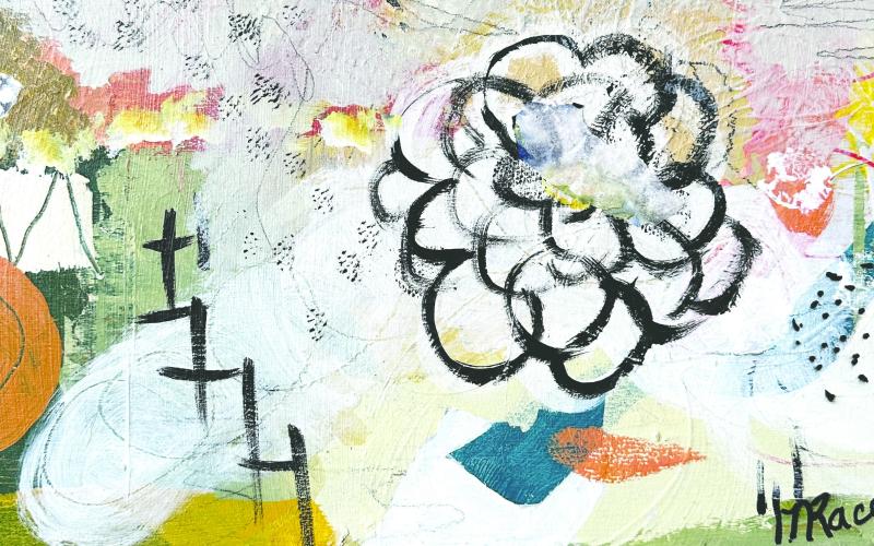 An exhibited piece named Haramara IV by Nancy Race. Race’s artwork uses a pairing of organic and geometric shapes with colorful backgrounds. CONTRIBUTED