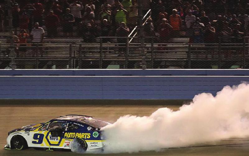 Chase Elliott leaves his mark on ‘Music City’ with a sweet burnout at Nashville Superspeedway after scoring the win in Sunday’s lightning-delayed Ally 400. (Getty Images)