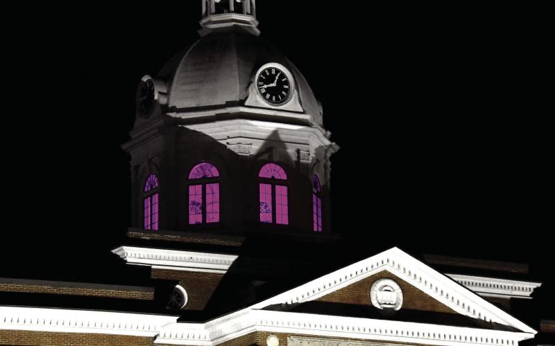 The clock dome on the historic Putnam County courthouse is glowing purple throughout September in recognition of National Recovery Month. Organizer Laura Phillips also gave Chairman Bill Sharp and each county commissioner a purple lightbulb at the start of their Sept. 15 meeting. IAN TOCHER/Staff
