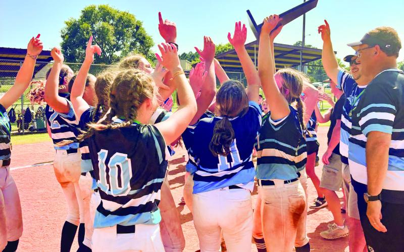 Members of the 2025 14U All-Star softball team celebrate after securing the GRPA state championship with a 12-6 win over Adel in the final game. CONTRIBUTED