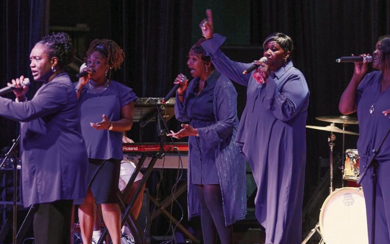 The Sisters of Faith, out of Griffin, opened the second half of Saturday night’s Mothers Against Crime Gospel and Praise Concert at Putnam County Middle School’s Little Theater in Eatonton. IAN TOCHER/Staff