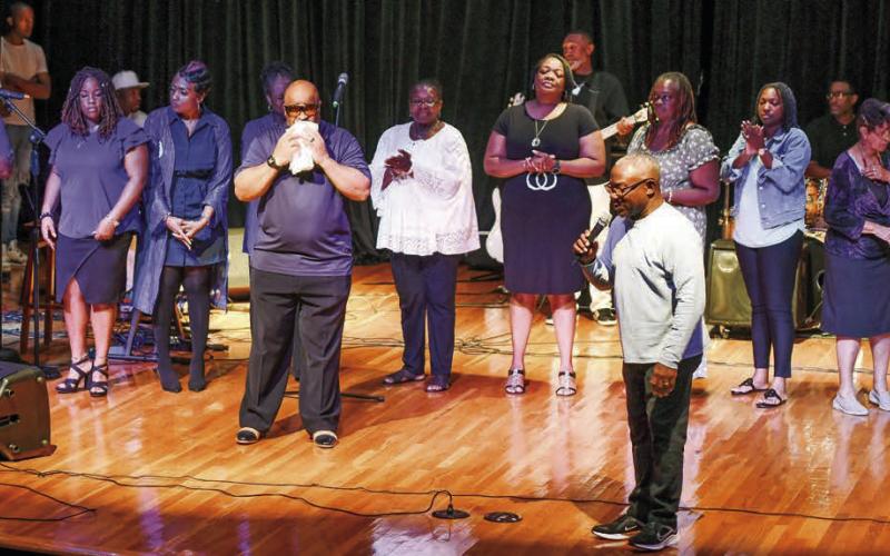 Members from all groups performing on Saturday at the PCMS Little Theater gathered on stage for a final bow as the emcee for the evening, Johnny Milner, thanked each individually for attending.  IAN TOCHER/Staff
