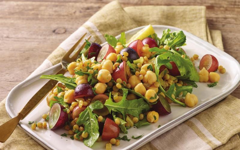 Warm-Spiced Chickpeas and Couscous with Grapes and Arugula