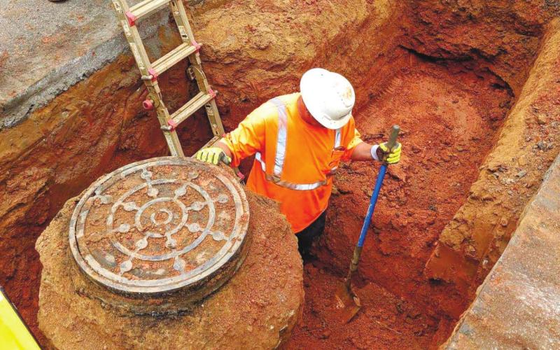 EPWSA and public works employees are in the process of repairing a sink hole at the intersection of Sumter and Washington streets Tuesday. Work should be completed by the end of the week. CONTRIBUTED