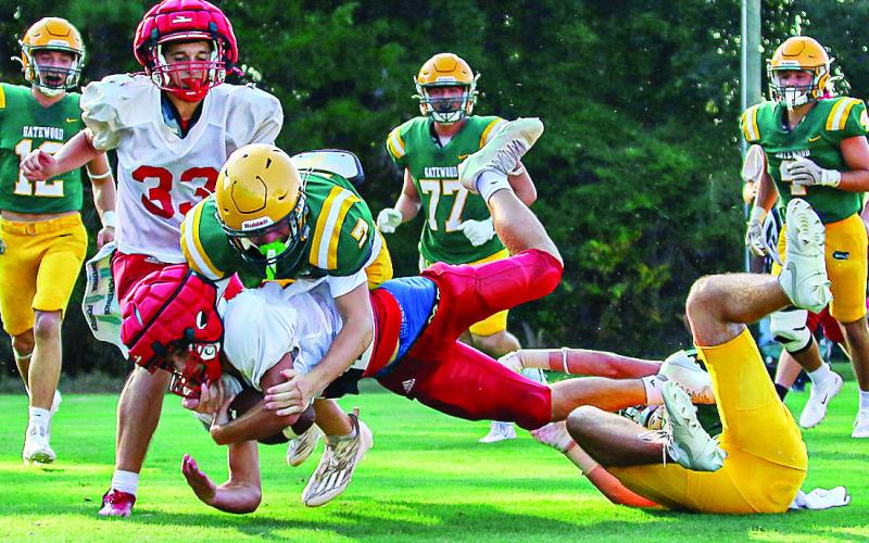 A pair of Gator defenders bring down a Spartans ball carrier in the open field. TREY NORRIS/Staff