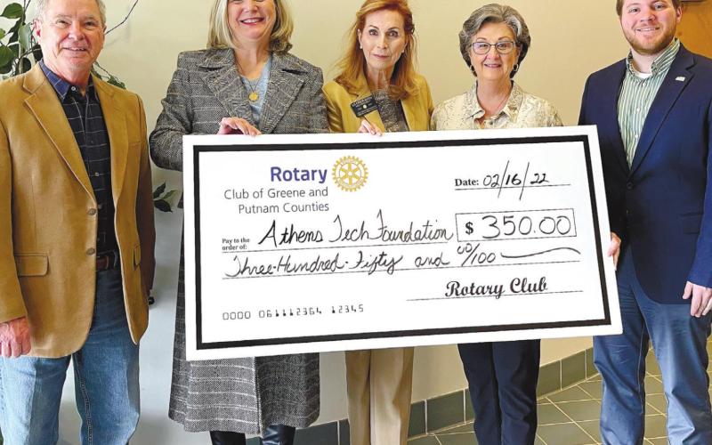 Rotary Past President Lu Frier Byrd and Rotary President Elect Donna Osborne presents a check for $350 to Athens Tech Foundation. CONTRIBUTED