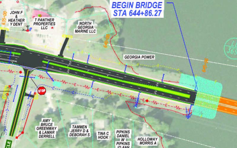 The new design map for the area of Hwy 44 around the bridge to Greene County now shows how rip-rap will be used at the base of the bridge. The bridge will be expanded to 4 lanes by widening the bridge using staged construction. GEORGIA DOT