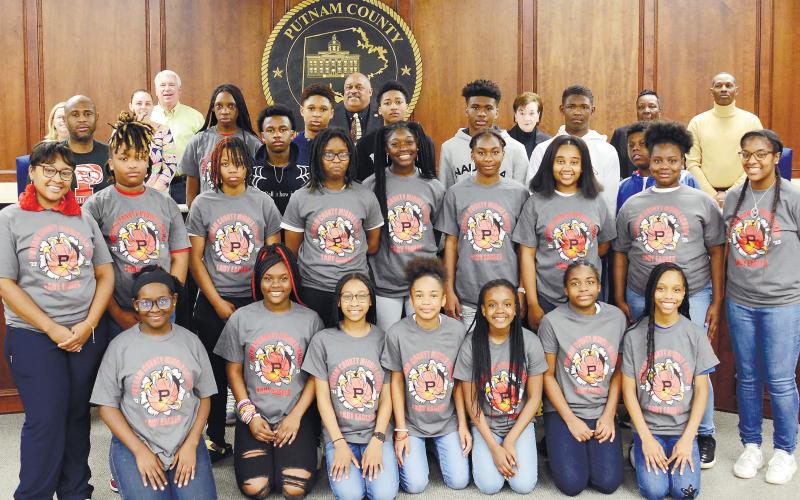 Members and coaches of the championship-winning boys’ and girls’ basketball teams from Putnam County Middle School were recognized during Monday night’s Eatonton City Council meeting. IAN TOCHER/Staff