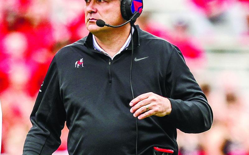 UGA head coach Kirby Smart during the spring G-Day scrimmage beginning his seventh season in charge.  MACKENZIE MILES/UGA Athletics