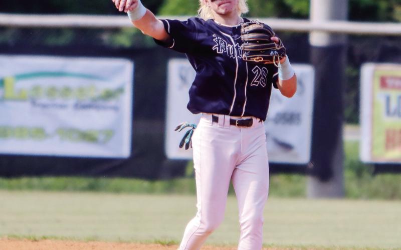 Putnam County’s Gates Lanzarone fires a ball from shortstop to first base. LANCE McCURLEY/Staff