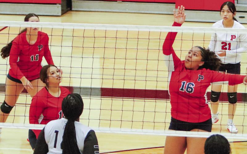 Outside hitter Trina Tracey (16) tries to block a return during a volley against Greene County. LANCE McCURLEY